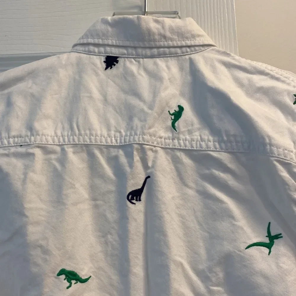 Mini Boden White Button Down Embroidered Dinosaur Shirt